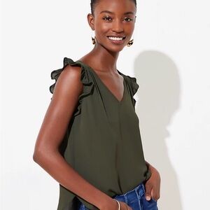 LOFT Olive Green Ruffle Sleeve V-Neck Top